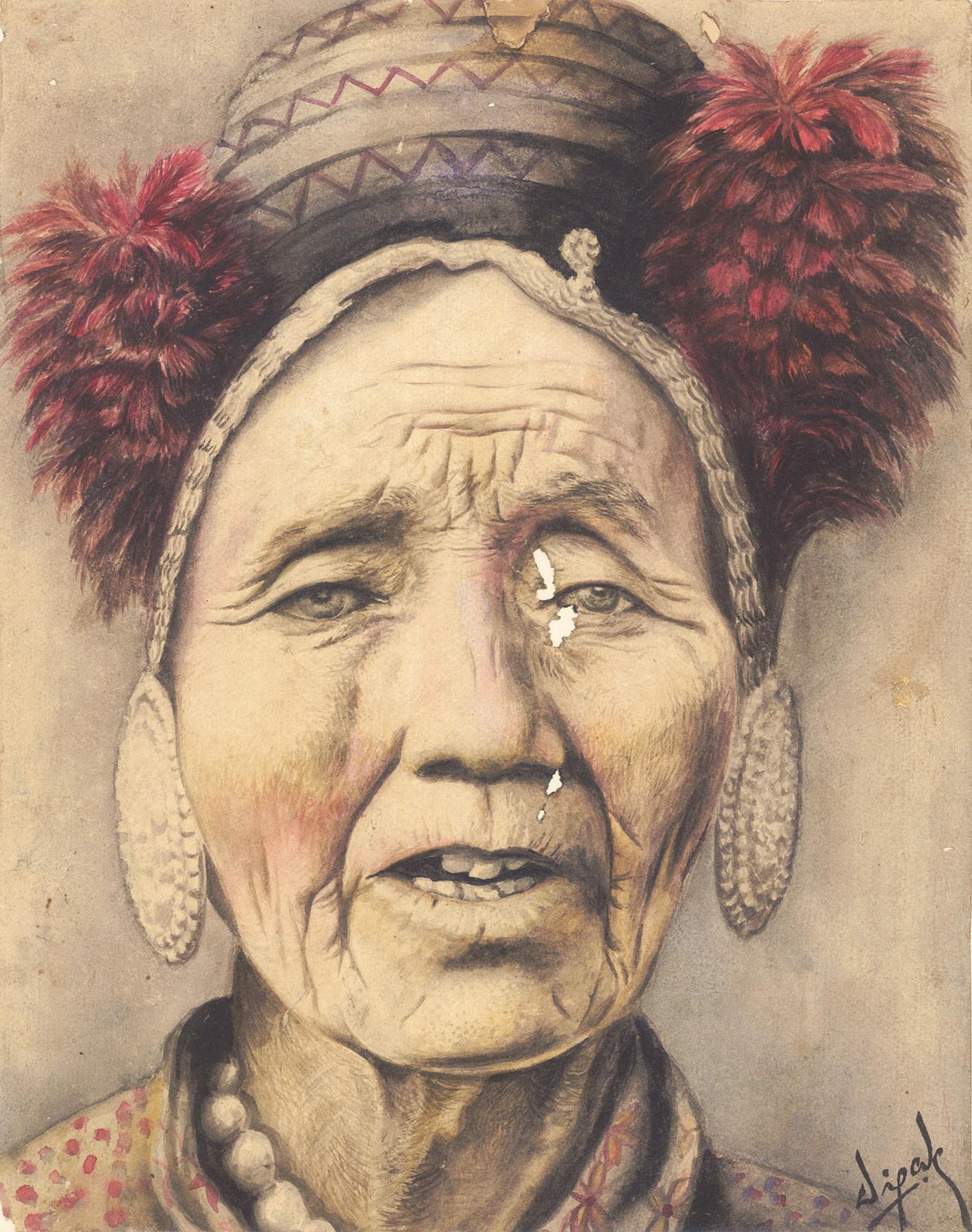 An early work by Deepak Shinde: a watercolour and pencil portrait of an elderly woman in a beaded headdress, signed Dipak